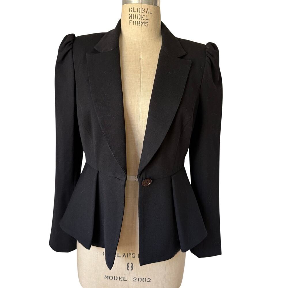 Milly Puff-Sleeve Peplum Blazer Jacket in Black Size 8 Tailored Romantic
